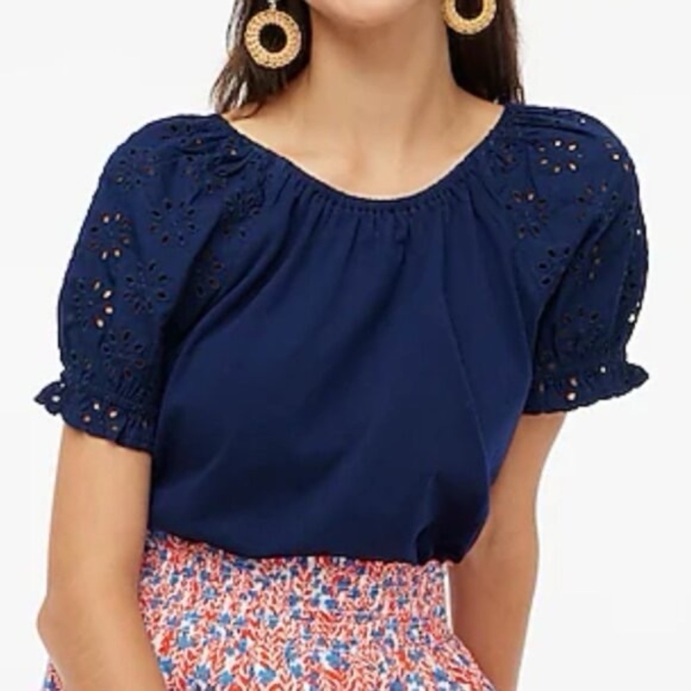 NWT J. Crew Navy Blue Eyelet Tie-Back 100% Cotton Top Size XL
